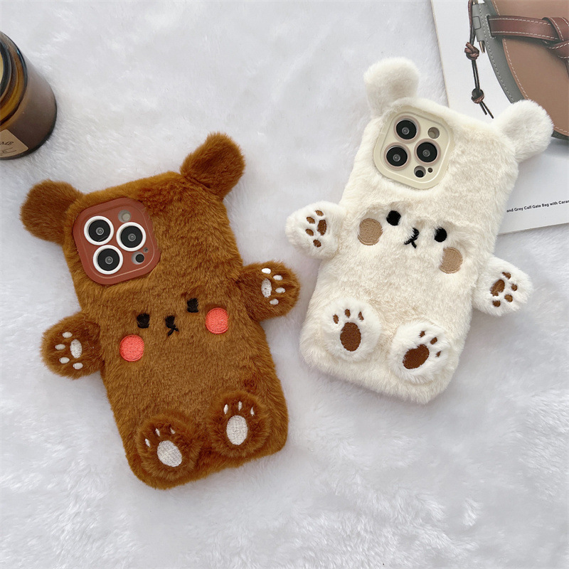 Phone Cases For Iphone 16 - เคสโทรศัพท์คู่รักลายหมีการ์ตูน 3 มิติ สไตล์เกาหลี ขนปุย สำหรับ
